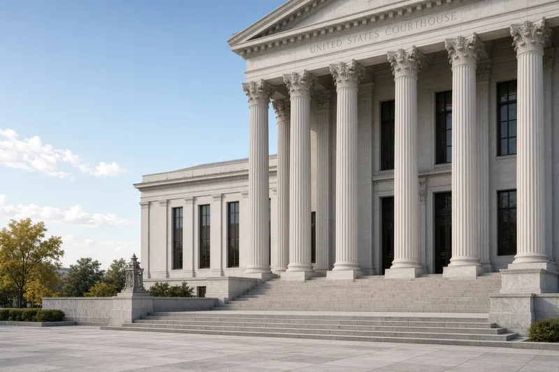 Illustrazione editoriale di un tribunale americano con colonne classiche, piazza vuota; scena non documentaria generata con IA.