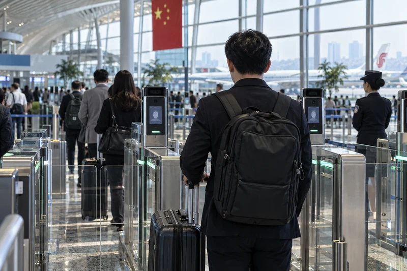Scena editoriale ordinaria a un controllo passaporti aeroportuale cinese con viaggiatore d'affari davanti ai varchi elettronici