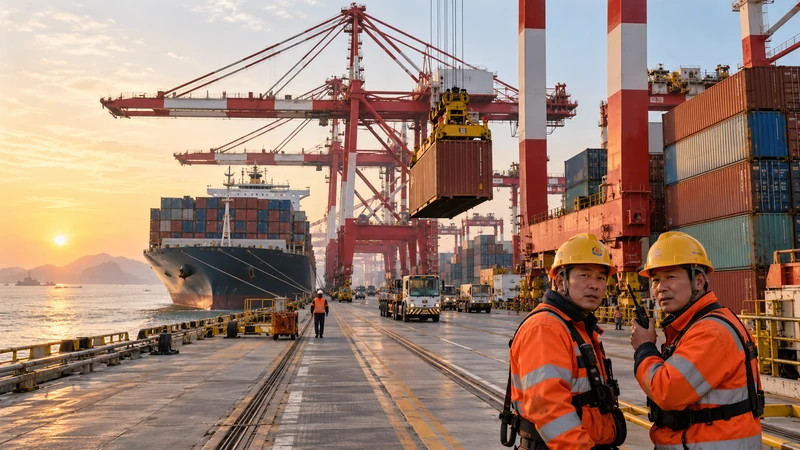 Illustrazione editoriale IA delle operazioni portuali con gru e container a Shanghai, dedicate ai nuovi dati economici cinesi.