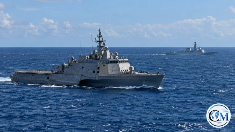Immagine editoriale IA di una nave militare statunitense nel Mar Cinese Meridionale; non documenta l'incontro reale.