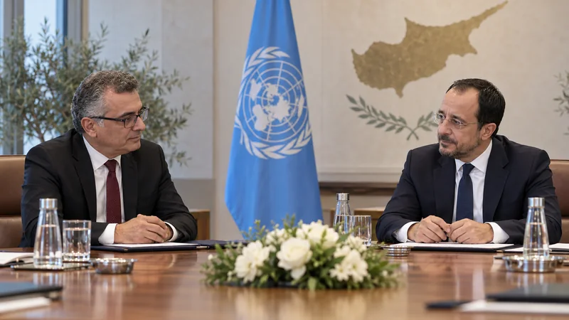 Illustrazione editoriale IA con Tufan Erhürman e Nikos Christodoulides a un tavolo ONU; scena non documentaria.