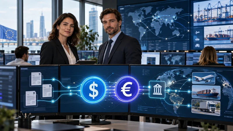 Illustrazione editoriale IA ultrarealistica di pagamenti aziendali in dollari ed euro collegati a flussi logistici globali; scena non documentaria.