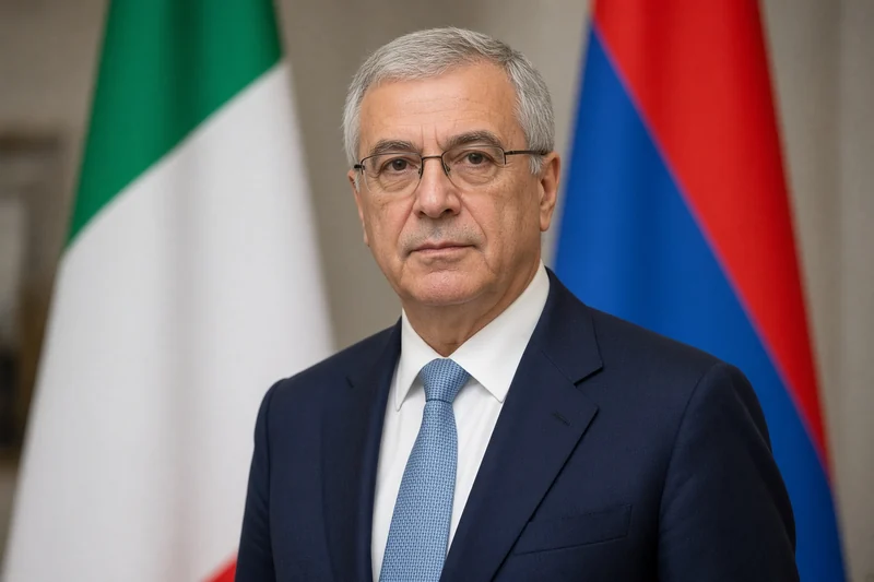 Scena editoriale contestuale generata con IA: Edmondo Cirielli riconoscibile, occhiali e abito scuro, bandiere di Italia e Armenia; somiglianza sintetica, non è una fotografia documentaria della missione.