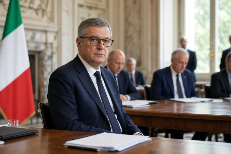 Scena editoriale contestuale generata con IA: Edmondo Cirielli riconoscibile, occhiali e abito scuro, a un tavolo della Farnesina; somiglianza sintetica, non è una fotografia documentaria della riunione.