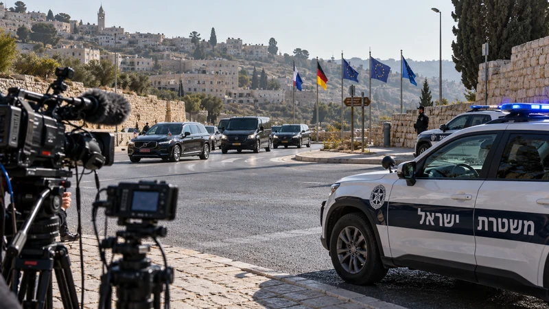 Illustrazione editoriale IA di mezzi della polizia israeliana e attrezzature della stampa a un incrocio in Cisgiordania.