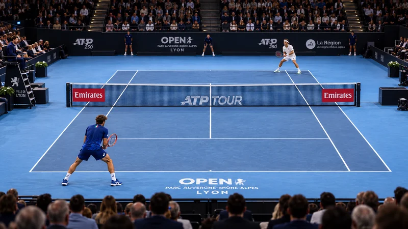 Due tennisti italiani si affrontano su un campo indoor a Lione, illustrazione editoriale IA