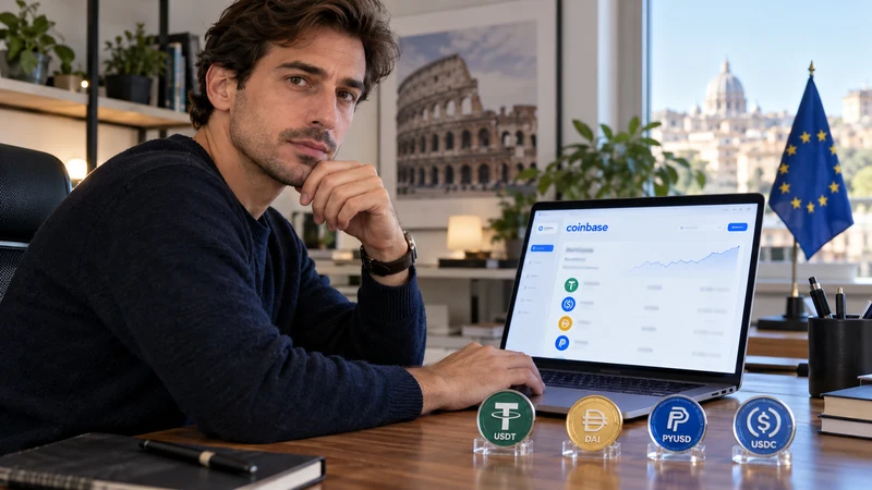 Illustrazione editoriale IA di un utente europeo che controlla le stablecoin interessate dalla scadenza Coinbase; scena non documentaria.
