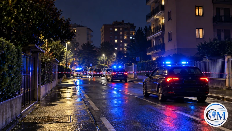 Ricostruzione editoriale IA ultrarealistica di una strada di Cologno Monzese presidiata nella notte; non è una fotografia dell'operazione.