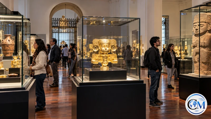 Interno editoriale IA di un museo colombiano con reperti protetti; scena non documentaria.