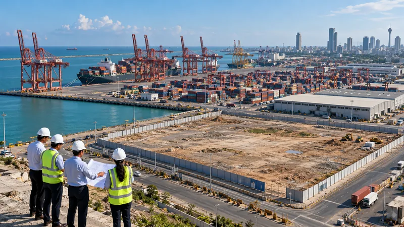Illustrazione editoriale IA del porto di Colombo con un’area di cantiere vuota accanto ai terminal container.