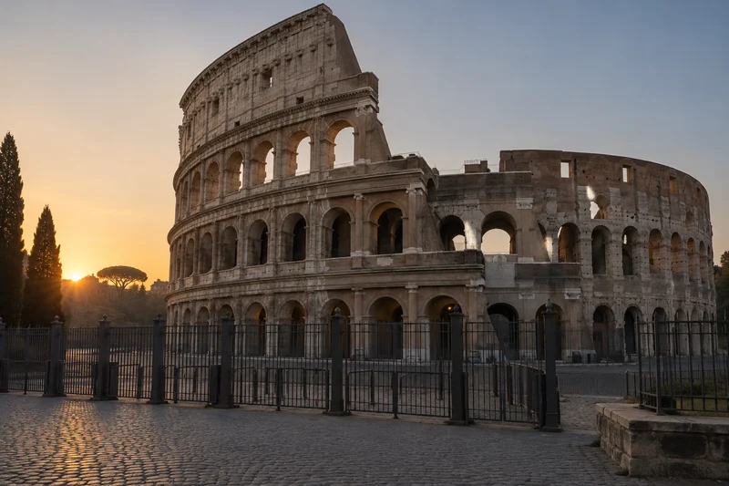 Illustrazione editoriale IA sobria del Colosseo chiuso al pubblico per lutto; scena non documentaria.