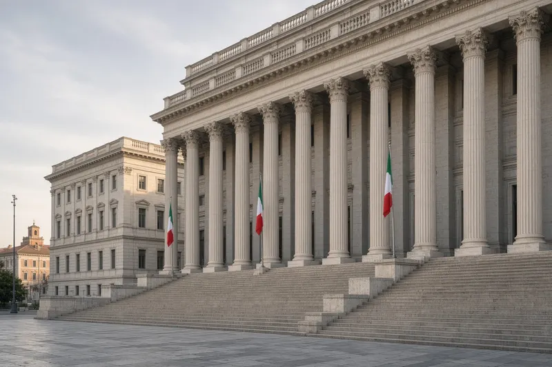 Facciata neoclassica di palazzo parlamentare italiano con bandiere; illustrazione editoriale IA non documentaria.
