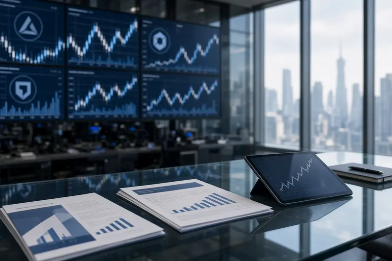 Sala operativa finanziaria con grafici e documenti; illustrazione editoriale IA non documentaria.