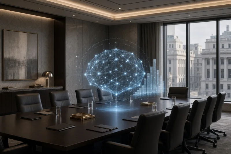 Sala riunioni istituzionale con hologramma astratto di rete neurale; illustrazione editoriale IA non documentaria.
