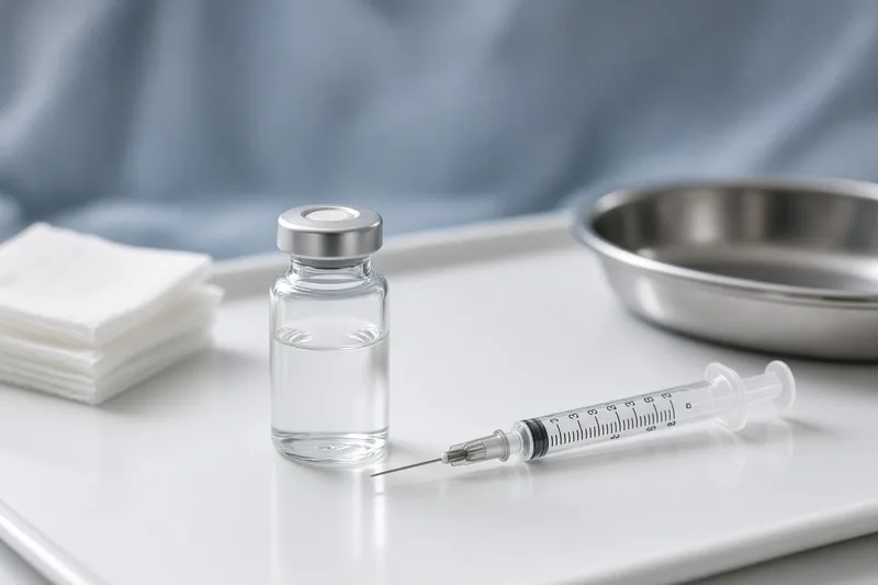 Fiala e siringa su tavolo clinico per vaccinazione; illustrazione editoriale IA non documentaria.