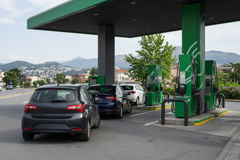 Distributore self service con pompe e auto; illustrazione editoriale IA non documentaria.