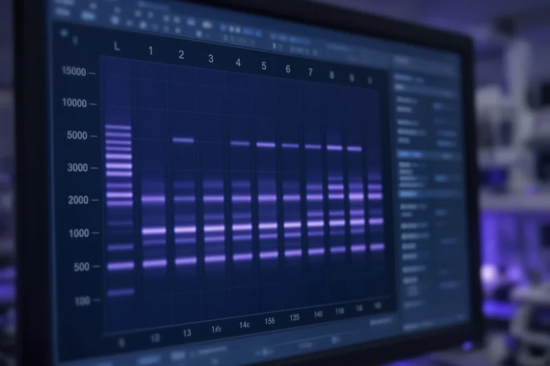 Monitor di laboratorio con tracciato elettroforetico DNA; illustrazione editoriale IA non documentaria.