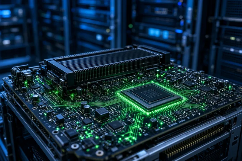 Scheda GPU con circuiti illuminati in un rack di data center; illustrazione editoriale IA non documentaria.