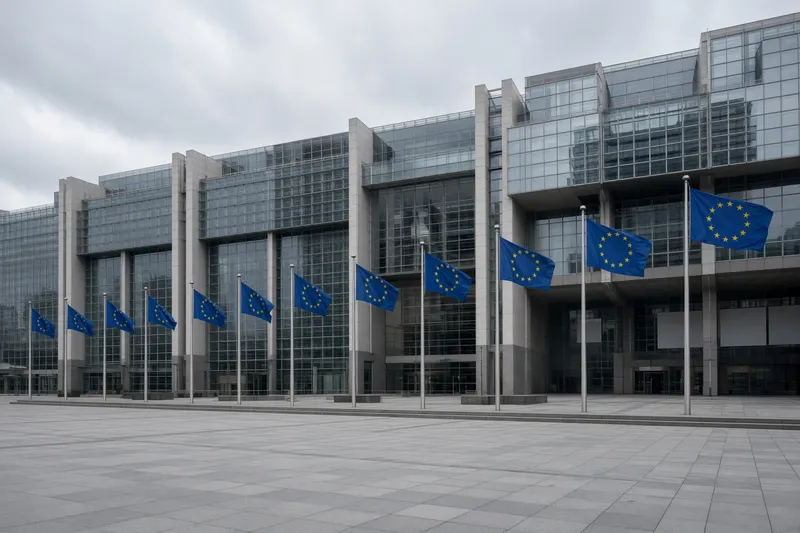 Bandiere dell’Unione europea davanti a edificio istituzionale a Bruxelles; illustrazione editoriale IA non documentaria.