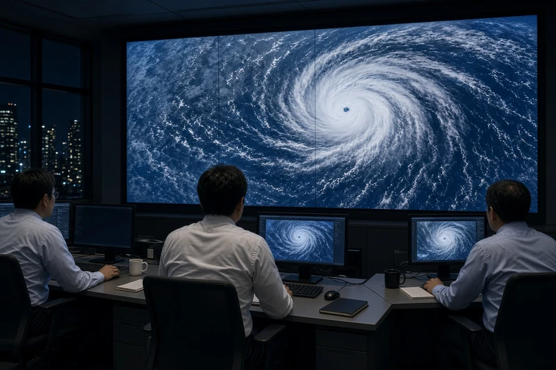 Sala operativa meteorologica con schermi satellitari di un ciclone tropicale; illustrazione editoriale IA, non una fotografia documentaria.