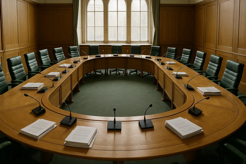 Interno di una sala di commissione parlamentare britannica con tavolo, microfoni e documenti, scena editoriale ordinaria.
