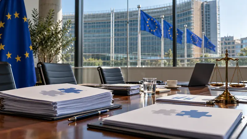 Illustrazione editoriale IA di una sala per il controllo europeo delle fusioni, con dossier generici e bandiere UE.