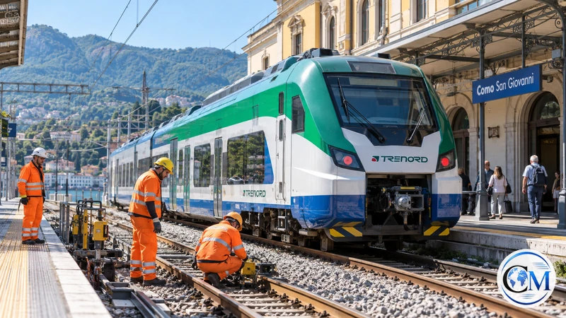 Illustrazione editoriale IA ultrarealistica di un treno alla stazione di Como San Giovanni; non documenta i lavori reali.