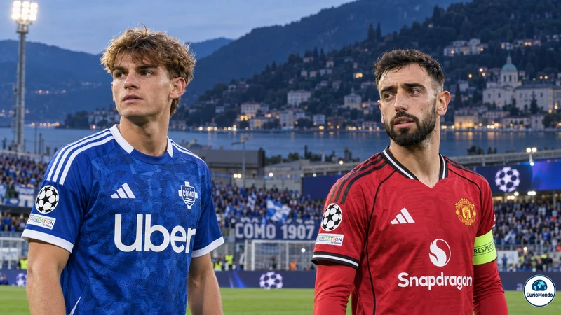 Illustrazione editoriale IA di Como-Manchester United al Sinigaglia con due calciatori in primo piano; scena non documentaria.