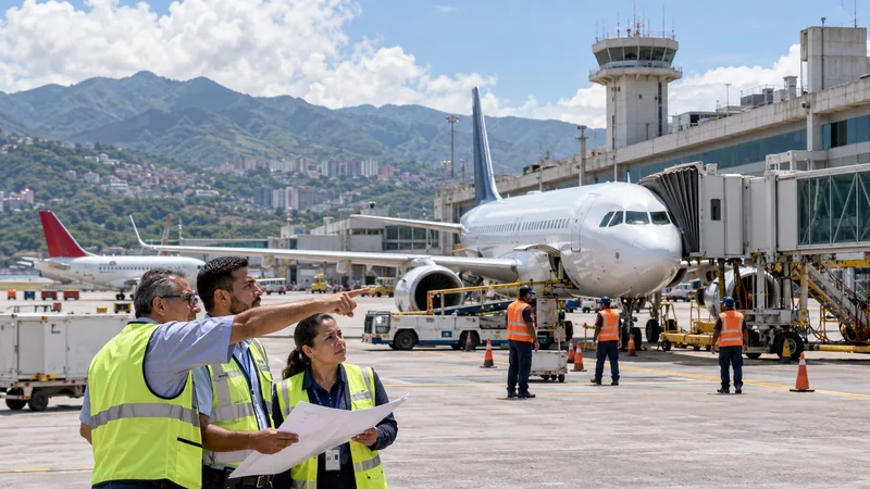 Illustrazione editoriale IA di un aeroporto venezuelano durante la ripresa dei collegamenti.