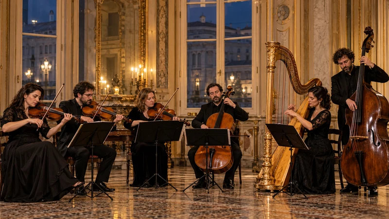 Illustrazione editoriale IA ultrarealistica di musicisti della Camerata Strumentale in concerto a Palazzo Economo a Trieste, con volti visibili; scena non documentaria.
