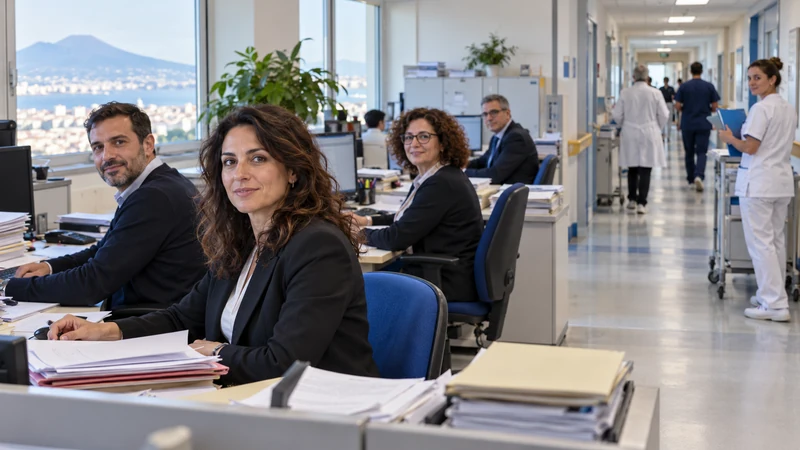 Illustrazione editoriale IA di candidati a un concorso amministrativo sanitario in Campania; scena non documentaria.