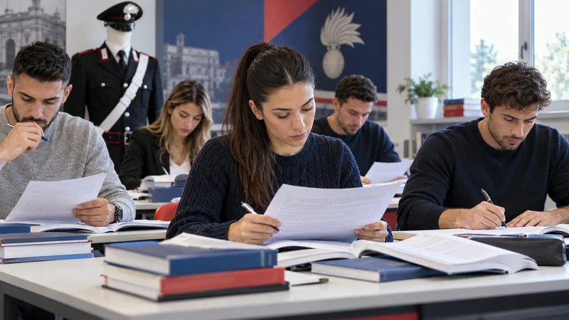 Illustrazione editoriale IA ultrarealistica di candidati laureati che preparano il concorso per marescialli dei Carabinieri; scena non documentaria.