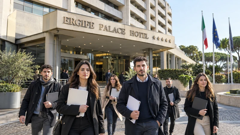 Illustrazione editoriale IA dell’Ergife Palace Hotel con candidati non identificati; non ritrae i partecipanti reali al concorso.