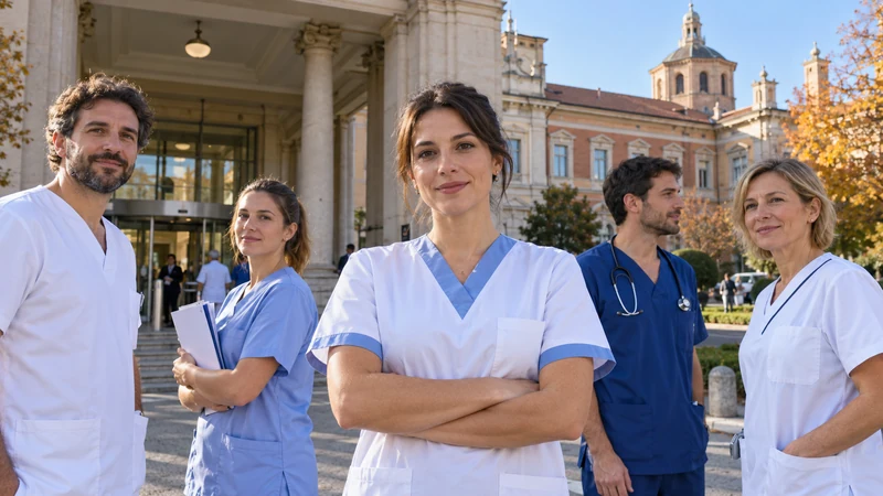 Illustrazione editoriale IA di infermieri davanti a un moderno ospedale, senza persone identificabili; scena non documentaria.