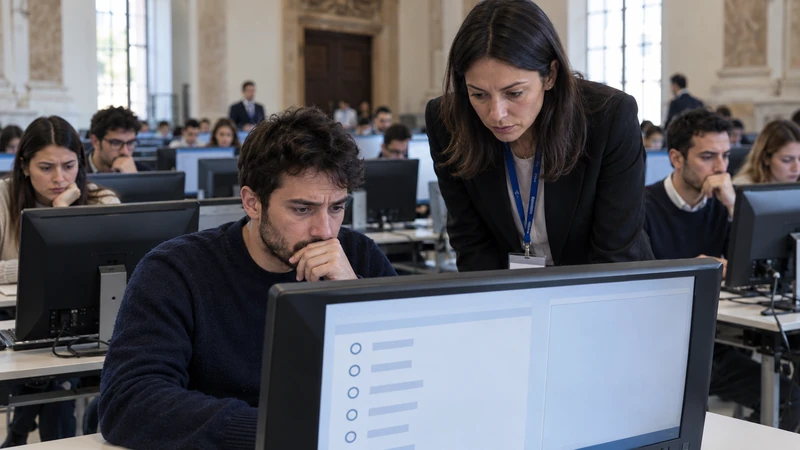 Illustrazione editoriale IA di candidati e personale durante una prova informatica in un'aula pubblica; scena non documentaria.