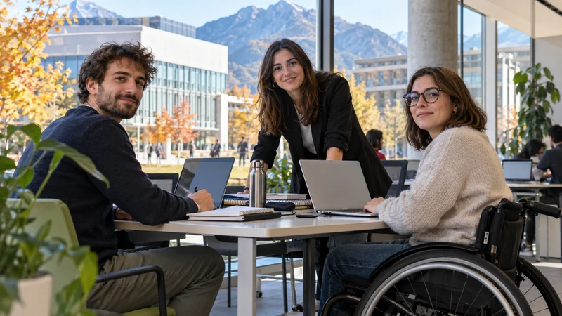 Illustrazione editoriale IA inclusiva di candidati, tra cui una persona in sedia a rotelle, in un'università; scena non documentaria.