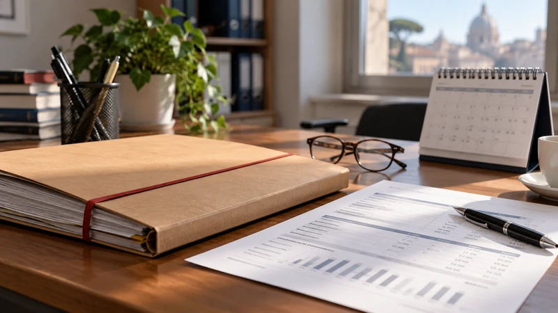 Scrivania con fascicolo di congedo, estratto contributivo e calendario, illustrazione editoriale generata con IA