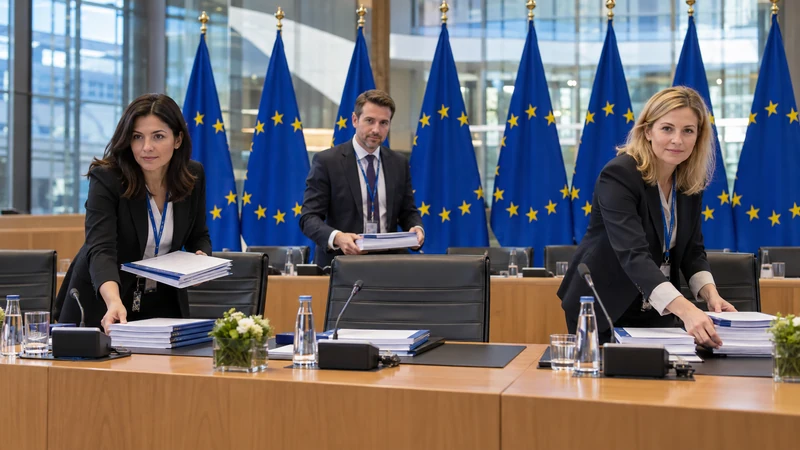 Illustrazione editoriale IA di un ambiente di riunione europeo a Lussemburgo; non documenta votazioni o decisioni.