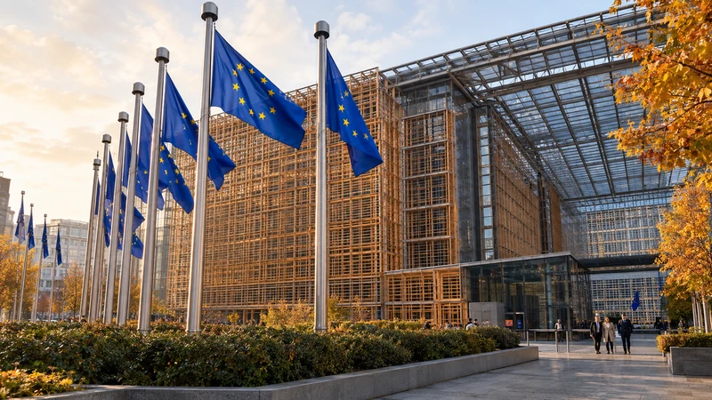 Illustrazione editoriale IA del palazzo Europa a Bruxelles con bandiere dell’Unione europea; non documenta il vertice.