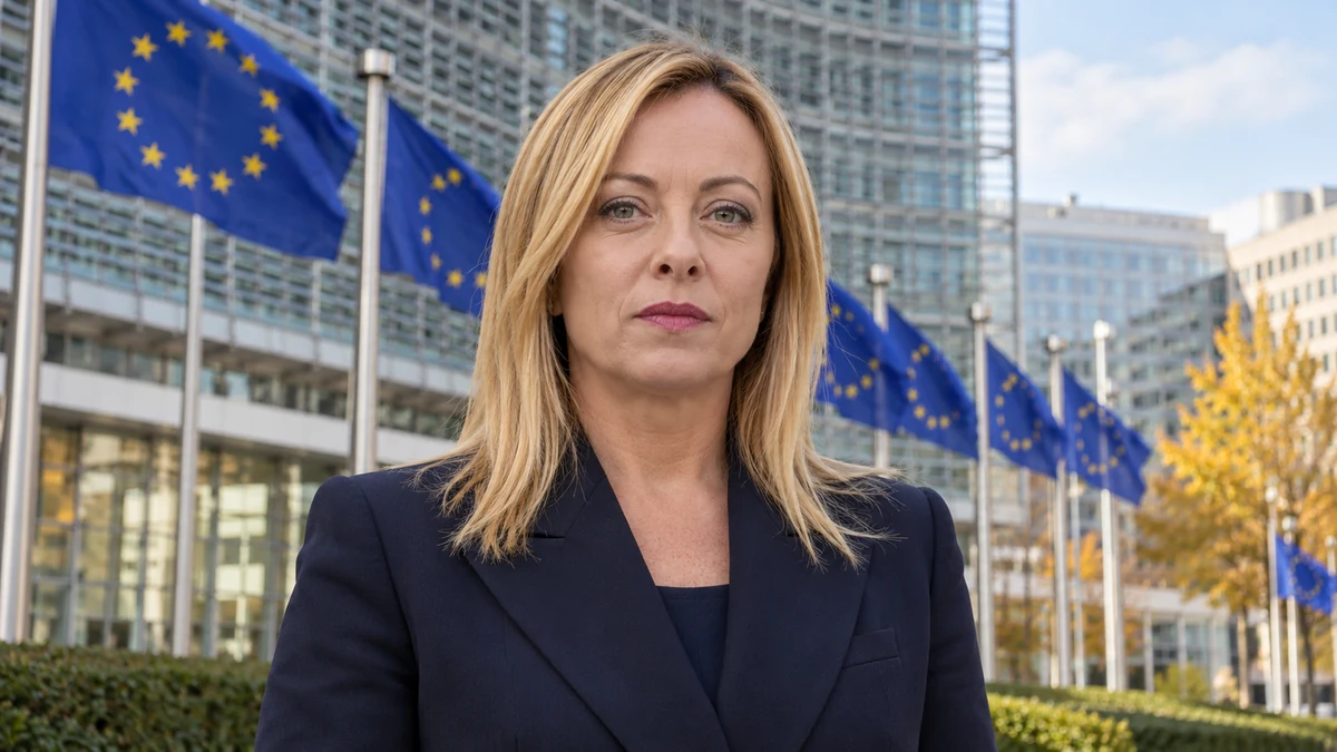 Illustrazione editoriale IA contestuale di Giorgia Meloni davanti al palazzo Europa a Bruxelles; somiglianza sintetica, non fotografia di un arrivo o incontro reale.