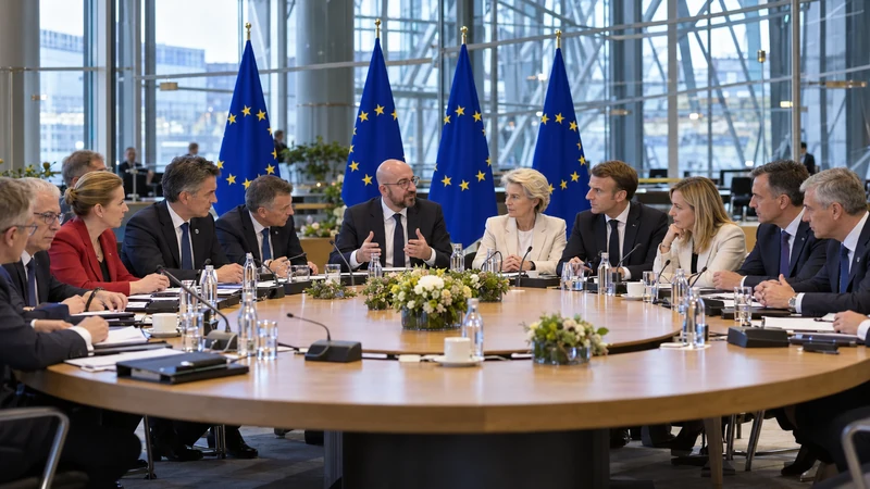 Illustrazione editoriale IA dei leader europei riuniti a Bruxelles, con somiglianze sintetiche; non documenta la seduta reale.