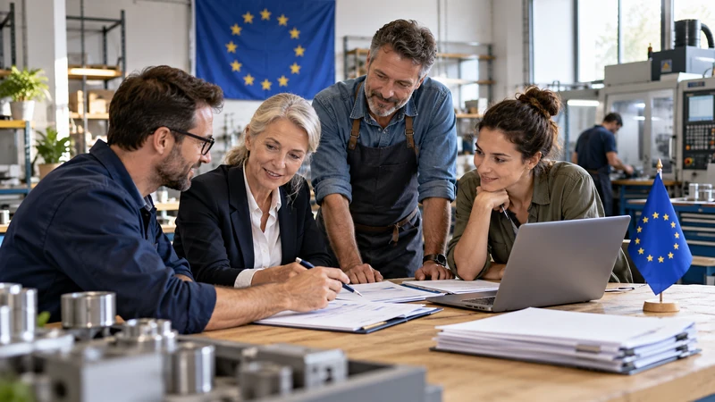 Illustrazione editoriale IA di piccoli imprenditori europei riuniti in laboratorio; scena non documentaria.