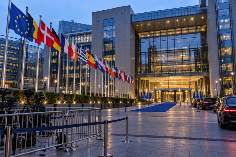 Palazzo Europa a Bruxelles con le bandiere dei Paesi membri, illustrazione editoriale IA.