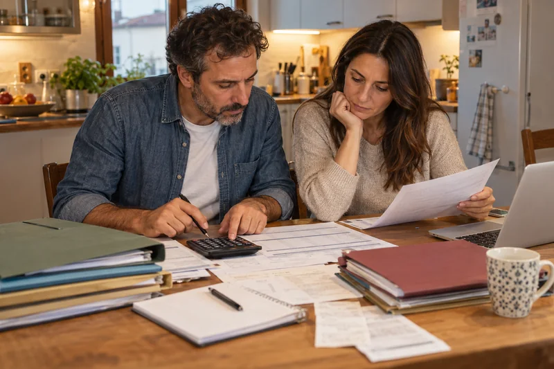 Coppia confronta più debiti e rate al tavolo di casa con documenti e calcolatrice.