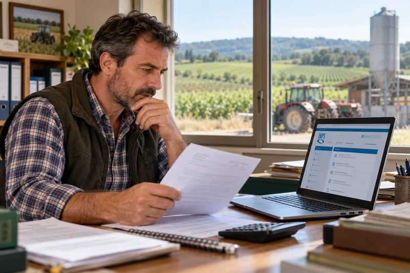 Illustrazione IA di un agricoltore che consulta un avviso previdenziale davanti al computer.