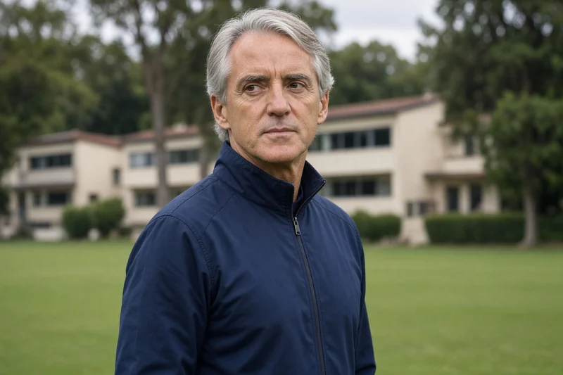 Scena editoriale contestuale generata con IA: Roberto Mancini riconoscibile in tuta azzurra su un campo di allenamento; somiglianza sintetica, non è una fotografia documentaria del raduno.