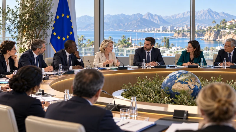 Delegati in una sala per negoziati climatici con bandiera europea, illustrazione editoriale IA non documentaria.