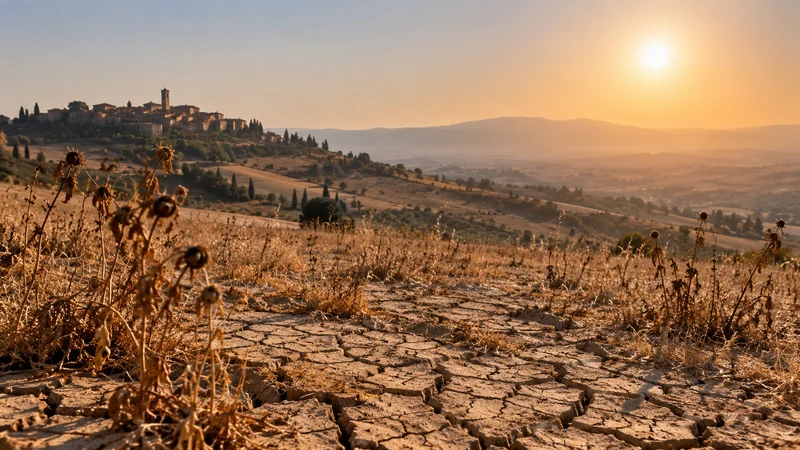 Terreno arido al tramonto in un paesaggio rurale, scena illustrativa IA