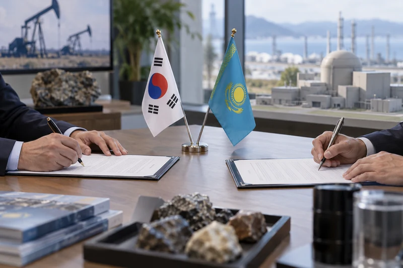Immagine editoriale IA della firma di accordi energetici tra Corea del Sud e Kazakistan