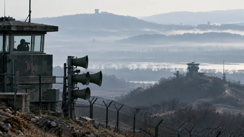 Illustrazione editoriale IA della zona demilitarizzata coreana con posti di osservazione e altoparlanti, senza combattimenti.